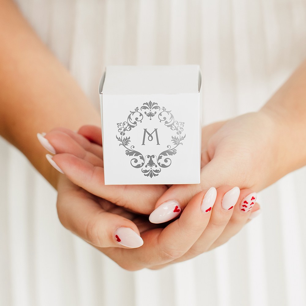 MINI CUSTOM FOIL PRINTED SQUARE PAPER FAVOR BOXES - CLASSIC FILIGREE MONOGRAM