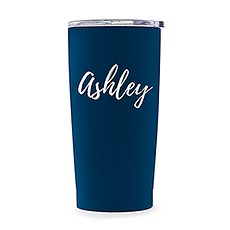 PERSONALIZED STAINLESS STEEL NAVY BLUE INSULATED TRAVEL MUG - CALLIGRAPHY PRINT