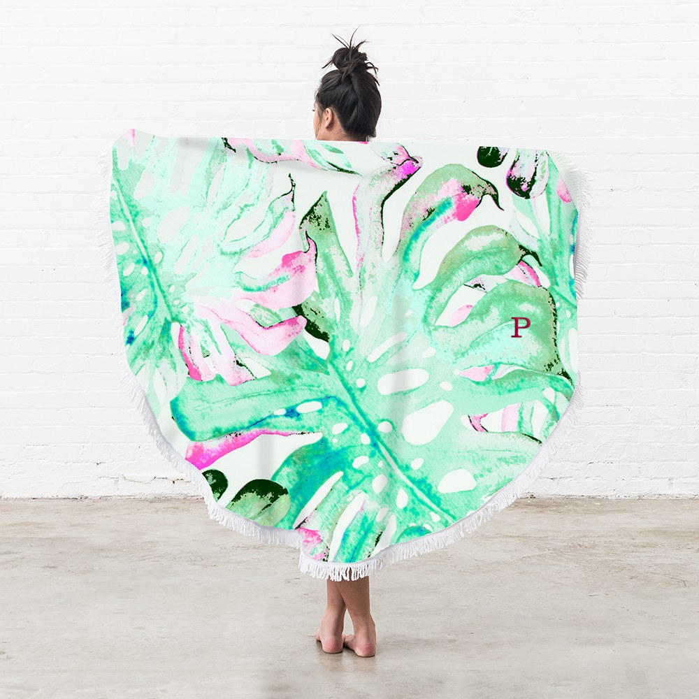 PERSONALIZED ROUND BEACH TOWEL - TROPICAL LEAVES PATTERN