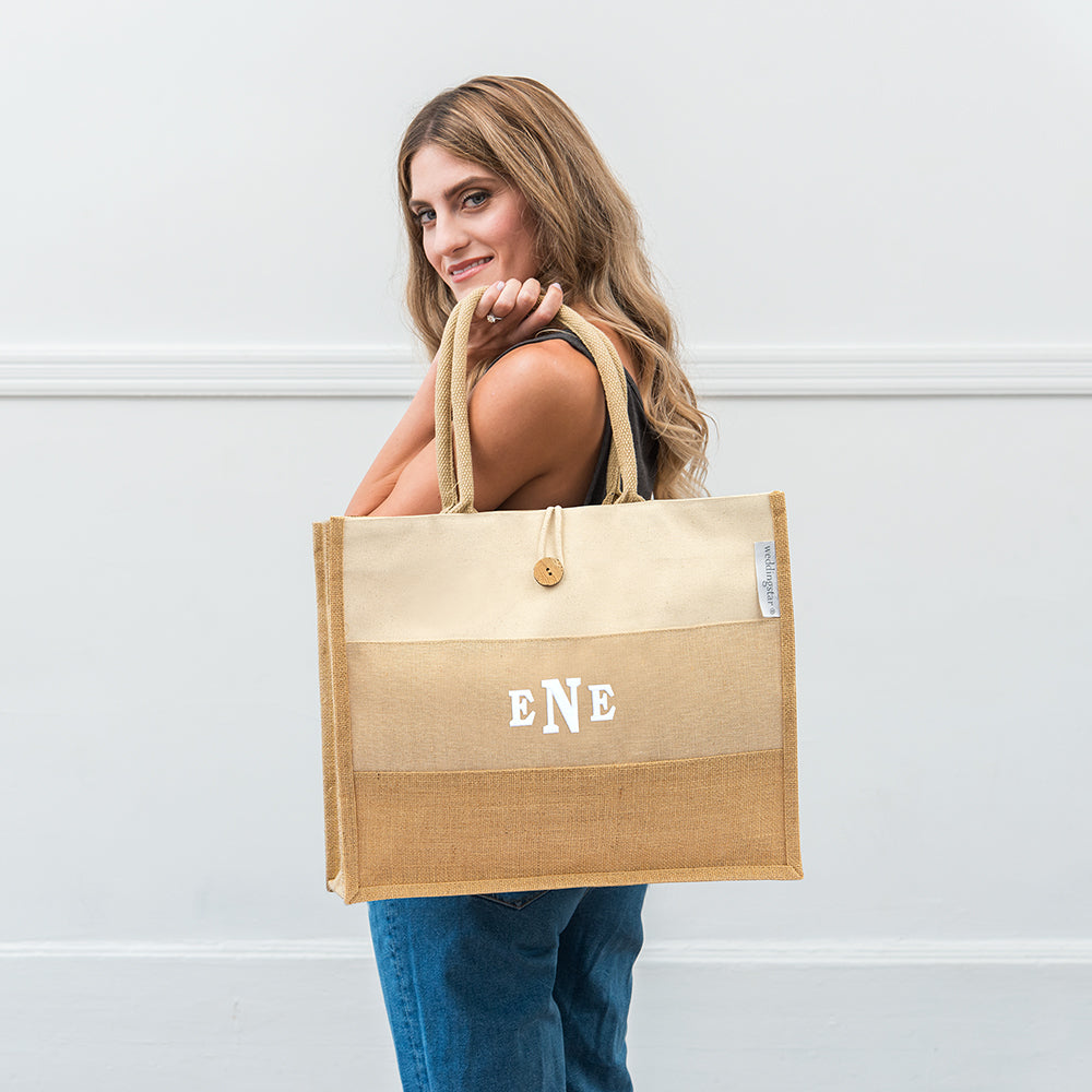 LARGE PERSONALIZED REUSABLE FABRIC BEACH TOTE - BURLAP OMBRE