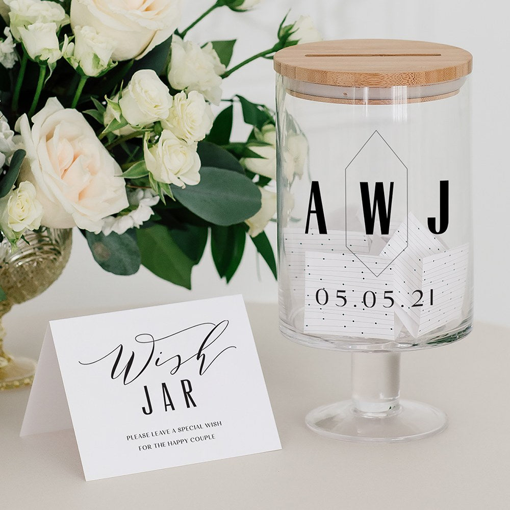 PERSONALIZED GLASS WEDDING WISHES GUESTBOOK JAR -  GEO MONOGRAM