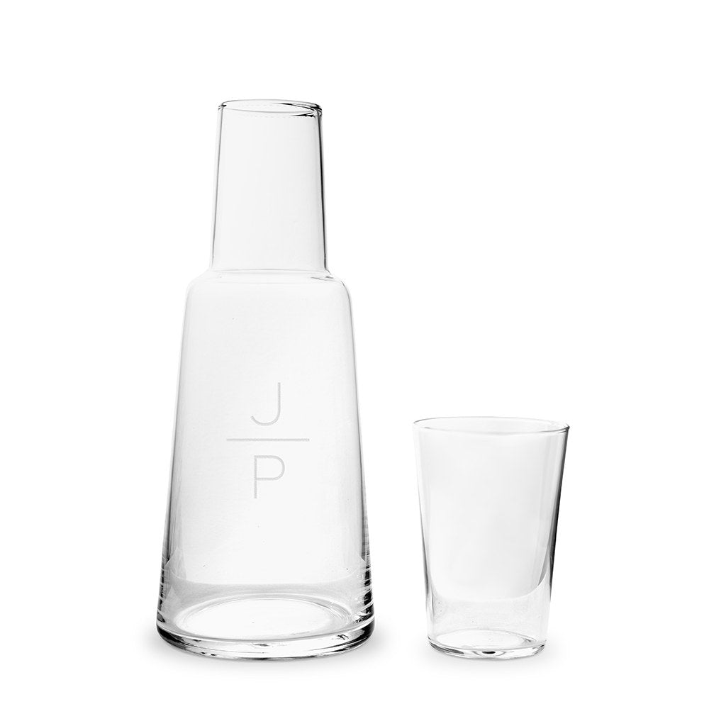 MONOGRAM ENGRAVED BEDSIDE WATER CARAFE AND GLASS SET - STACKED MONOGRAM