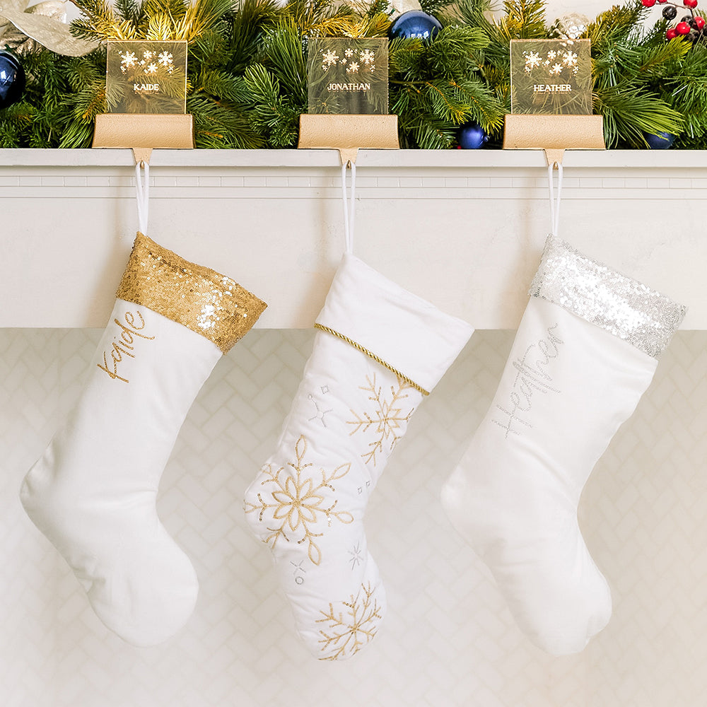 CUSTOM PRINTED PLUSH SEQUINED CUFF CHRISTMAS STOCKING - VERTICAL SCRIPT FONT - AyaZay Wedding Shoppe