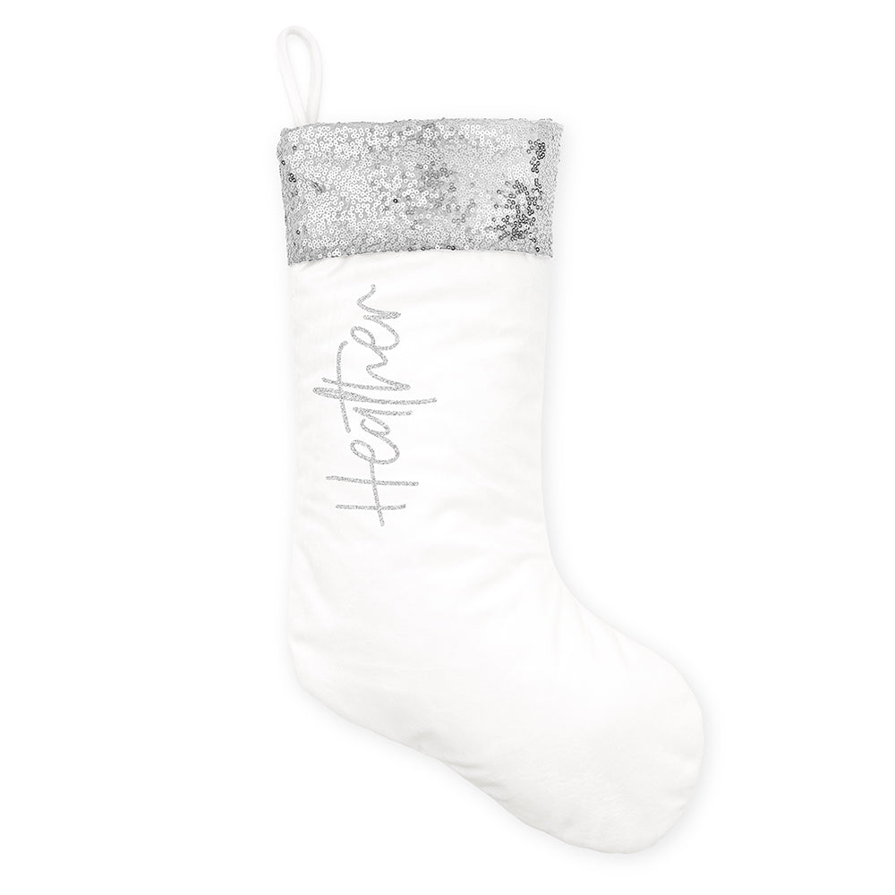 CUSTOM PRINTED PLUSH SEQUINED CUFF CHRISTMAS STOCKING - VERTICAL SCRIPT FONT - AyaZay Wedding Shoppe