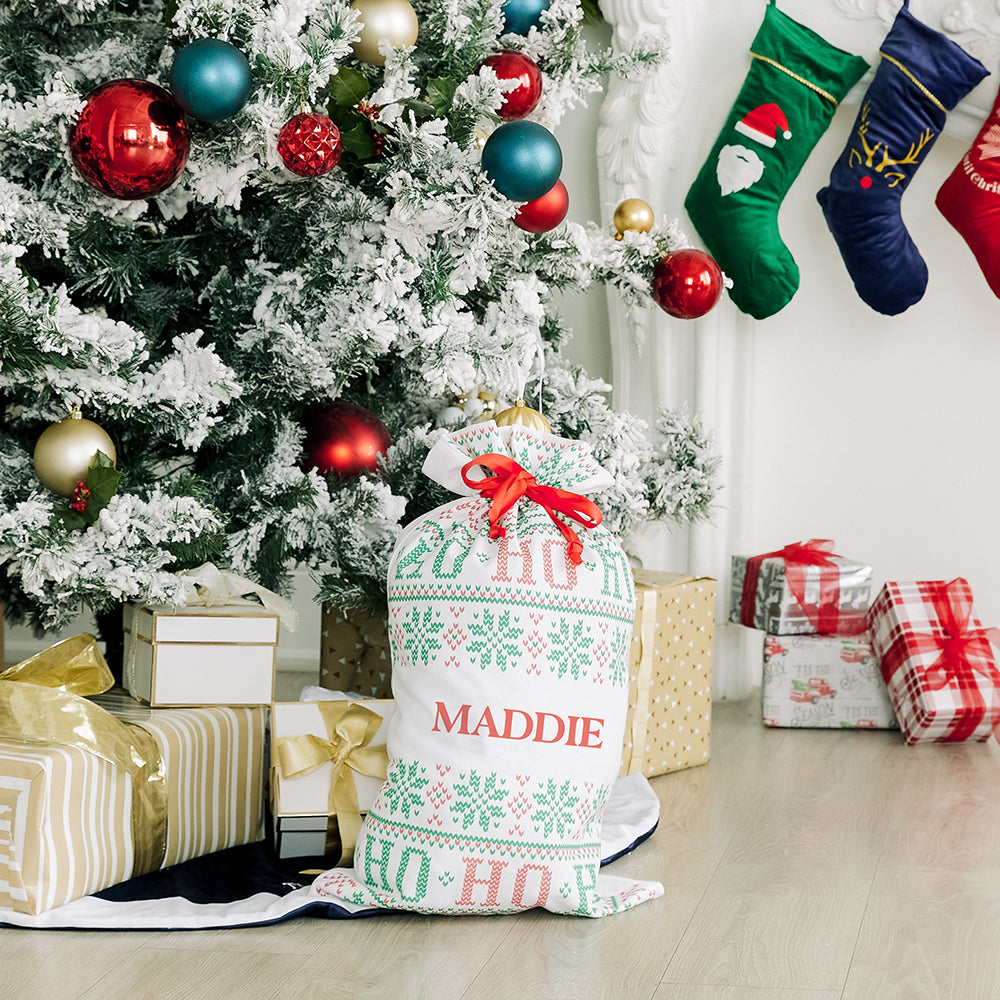 LARGE PERSONALIZED DRAWSTRING SANTA SACK FOR GIFTS - HO HO HO - AyaZay Wedding Shoppe