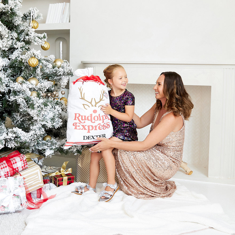 LARGE PERSONALIZED DRAWSTRING SANTA SACK FOR GIFTS - RUDOLPH EXPRESS - AyaZay Wedding Shoppe
