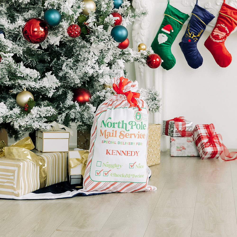 LARGE PERSONALIZED DRAWSTRING SANTA SACK FOR GIFTS - NORTH POLE DELIVERY - AyaZay Wedding Shoppe