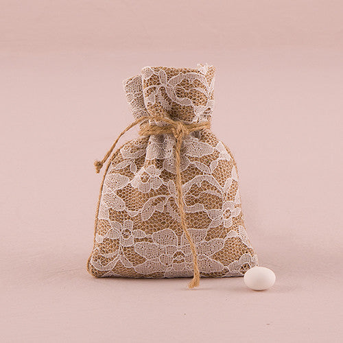 RUSTIC CHIC BURLAP AND LACE DRAWSTRING FAVOUR BAG (12/pkg) - AyaZay Wedding Shoppe