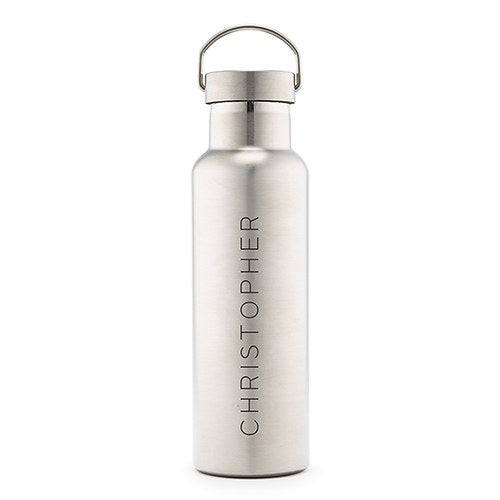 PERSONALIZED CHROME WATER BOTTLE WITH HANDLE - CONTEMPORARY VERTICAL LINE PRINT - AyaZay Wedding Shoppe