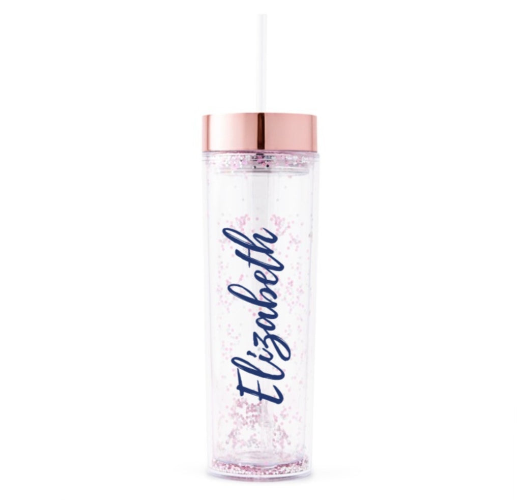 ROSE GOLD SPARKLE PERSONALIZED PLASTIC DRINK TUMBLER - CALLIGRAPHY TEXT PRINTING