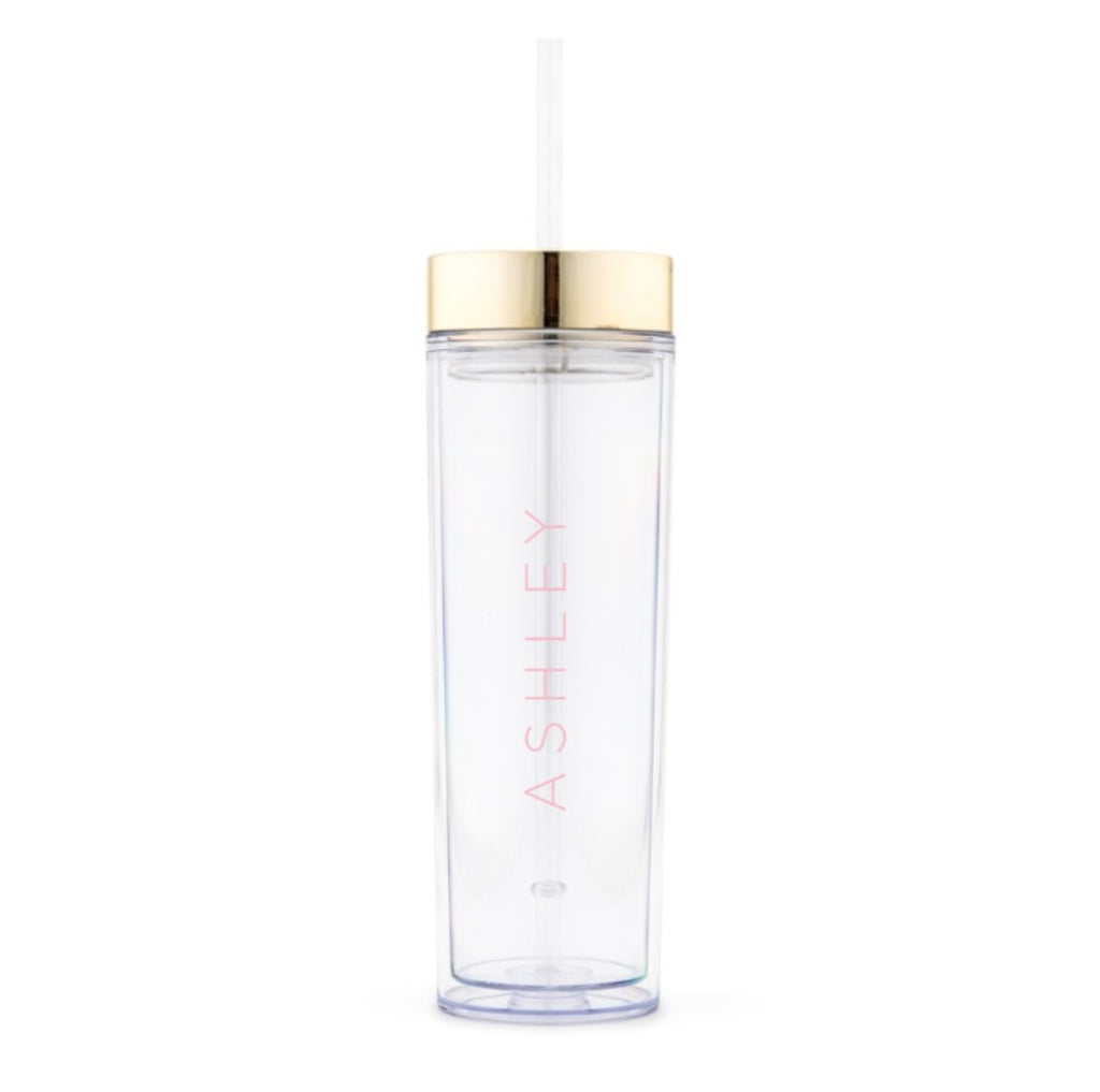 GOLD PERSONALIZED PLASTIC DRINK TUMBLER - CONTEMPORARY VERTICAL LINE PRINTING