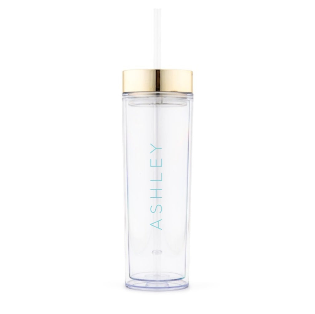 GOLD PERSONALIZED PLASTIC DRINK TUMBLER - CONTEMPORARY VERTICAL LINE PRINTING