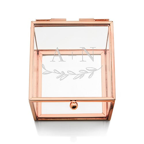 SMALL GLASS JEWELRY BOX WITH ROSE GOLD EDGES - GARLAND UNDER ETCHING - AyaZay Wedding Shoppe