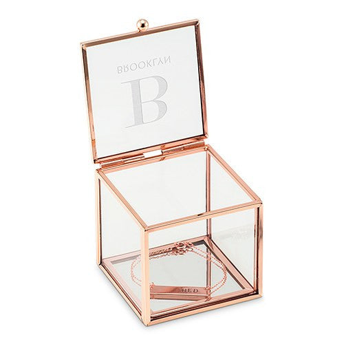 SMALL GLASS JEWELRY BOX WITH ROSE GOLD EDGES - MODERN SERIF INITIAL ETCHING - AyaZay Wedding Shoppe