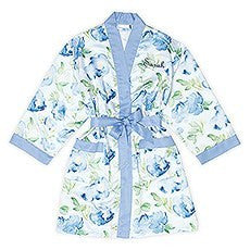 BLUE WATERCOLOR FLORAL SILKY KIMONO ROBE ON BLUE - AyaZay Wedding Shoppe