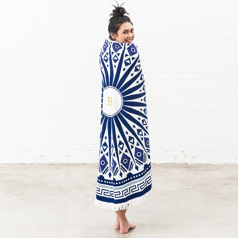 PERSONALIZED ROUND BEACH TOWEL - BLUE & WHITE MANDELA PATTERN