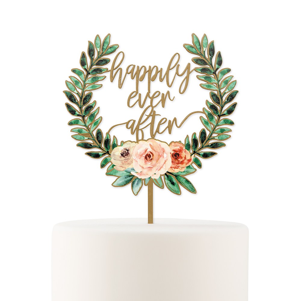 NATURAL WOOD FULL COLOUR CAKE TOPPER - FLORAL HAPPILY EVER AFTER