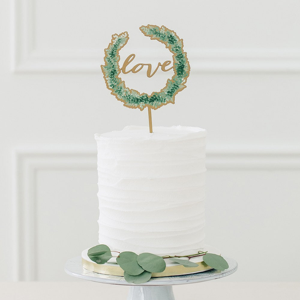 NATURAL WOOD FULL COLOUR CAKE TOPPER - LOVE WREATH