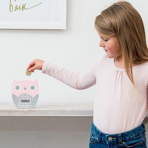 PERSONALIZED WOODEN PIGGY BANK - PINK OWL - AyaZay Wedding Shoppe