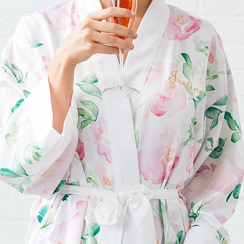 PINK WATERCOLOR FLORAL SILKY KIMONO ROBE ON WHITE - AyaZay Wedding Shoppe