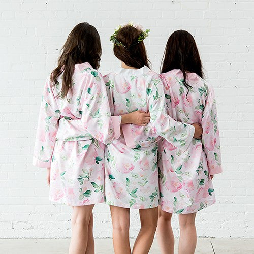 PINK WATERCOLOR FLORAL SILKY KIMONO ROBE ON WHITE - AyaZay Wedding Shoppe