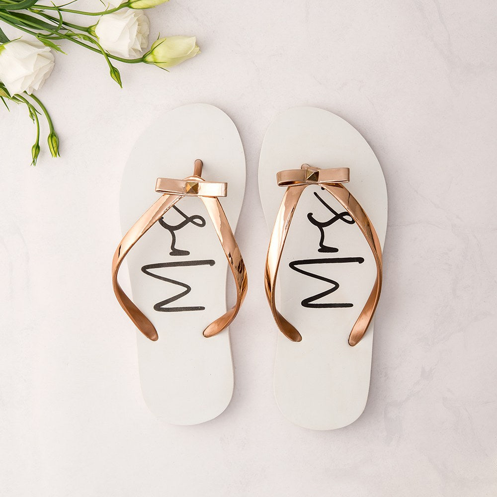 WOMEN'S WHITE & ROSE GOLD FLIP FLOPS WITH BOW - MRS