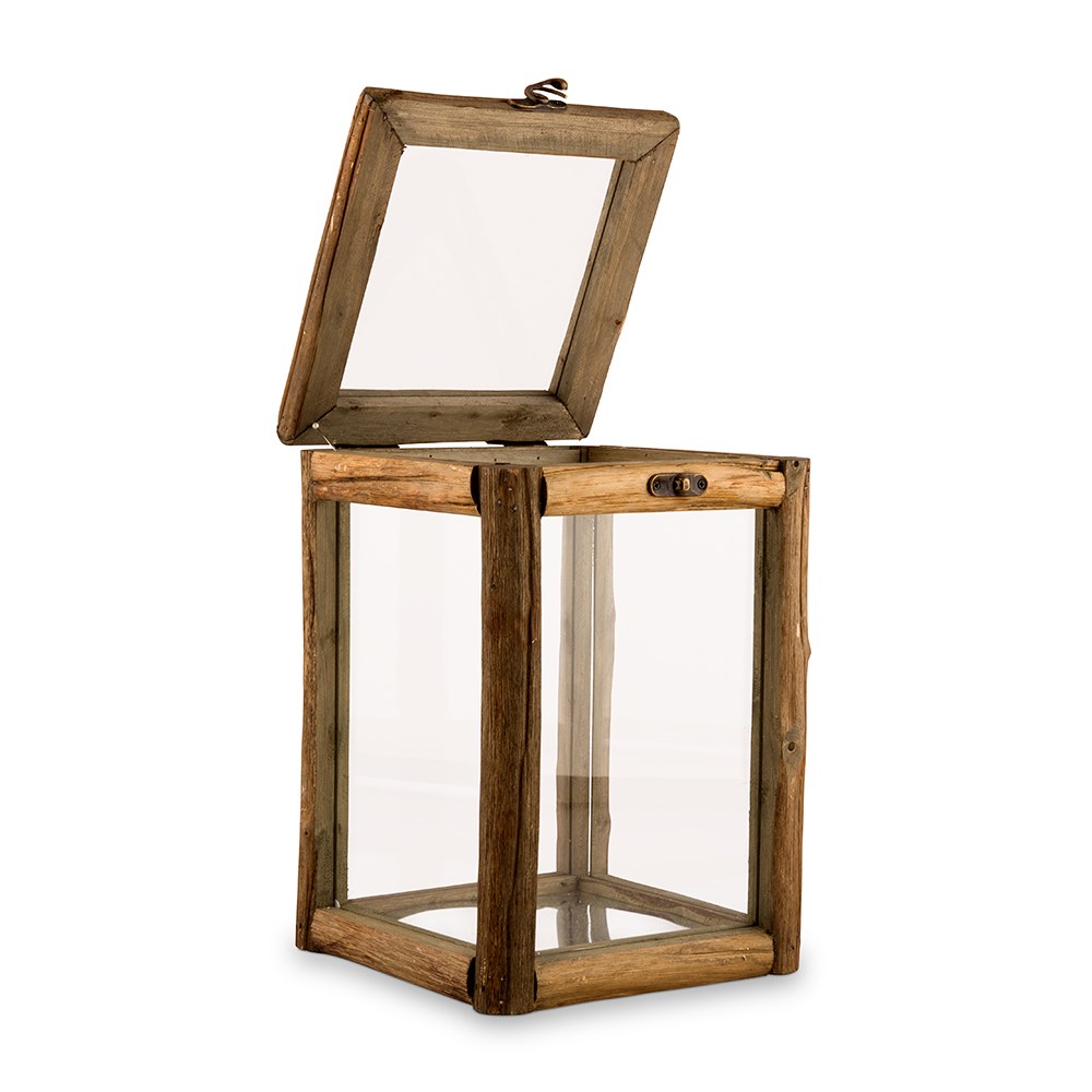 RUSTIC WOOD & GLASS BOX WITH HINGED LID