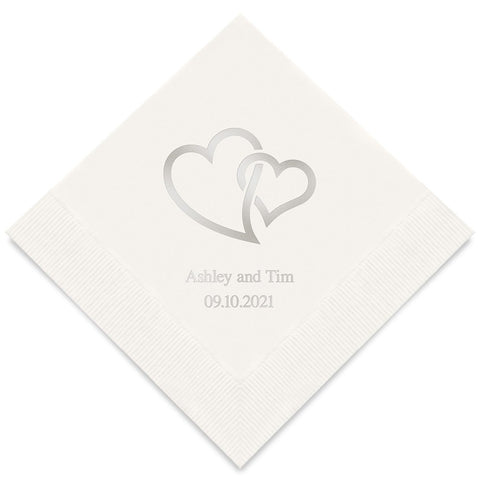 PERSONALIZED FOIL PRINTED PAPER NAPKINS - Linked Double Hearts
 (50/pkg)